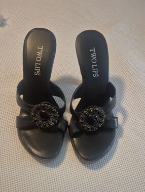 Two Lips Black Mule Heels, women's slide on shoes, black cute mules open toe